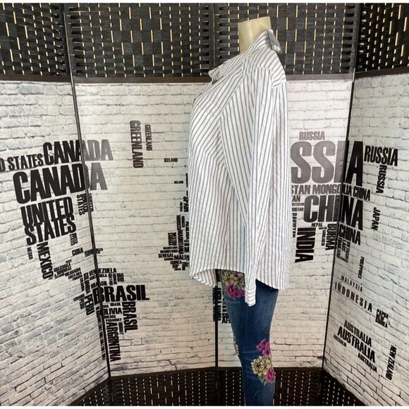 Torrid 1 Vanilla Slate Blue Vertical Striped Button Collar Long Sleeve Shirt - Picture 2 of 5